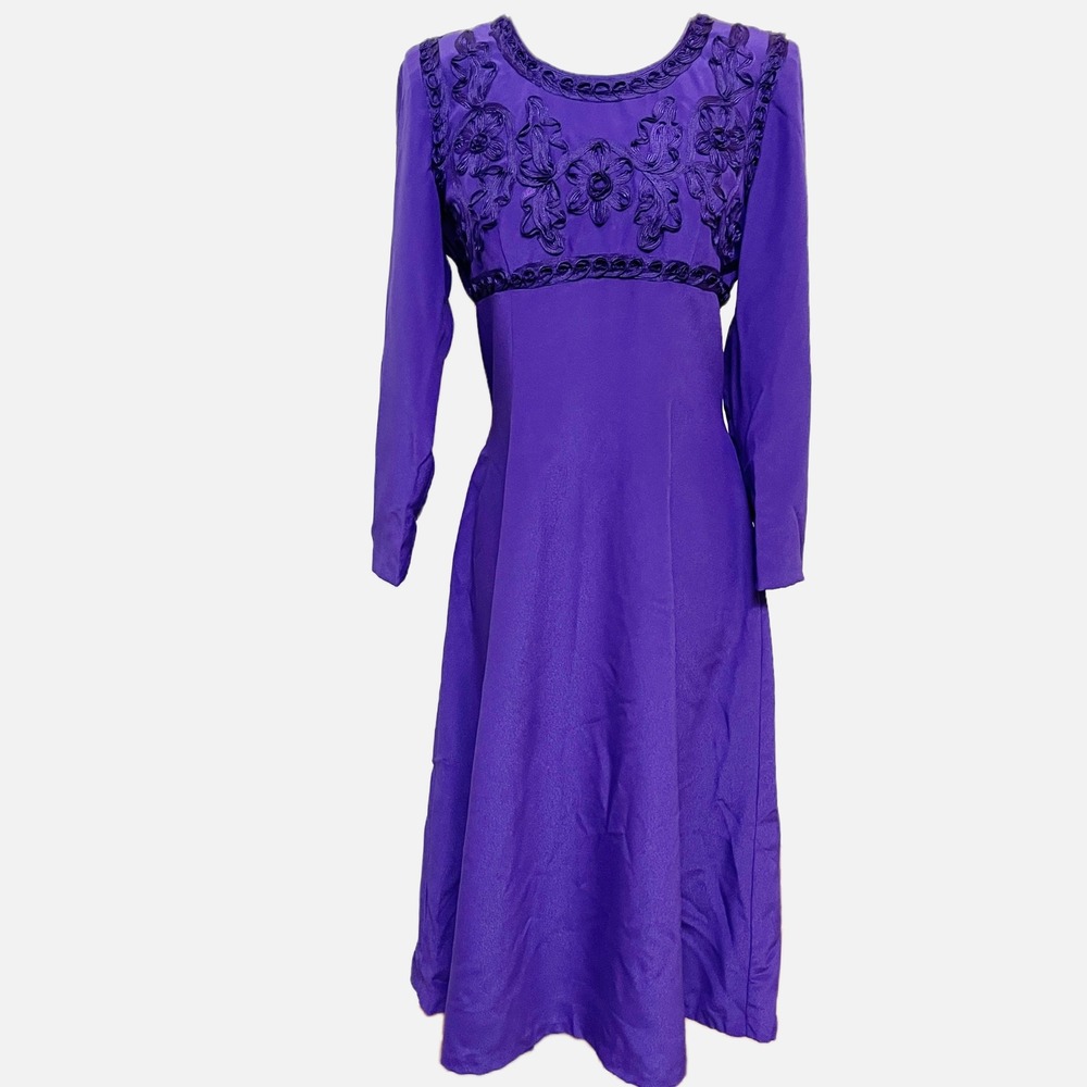 Melissa Petites Purple Vintage Dress Soutache Floral Embroidery Long Sleeve 8P